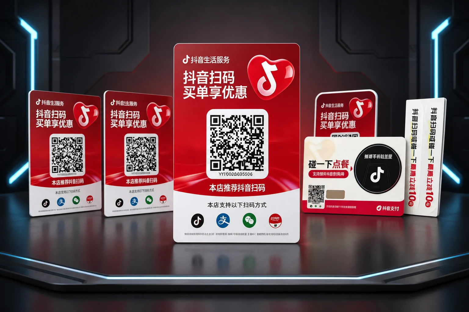多款真实台式与平面抖音买单码牌组成的设备棚拍